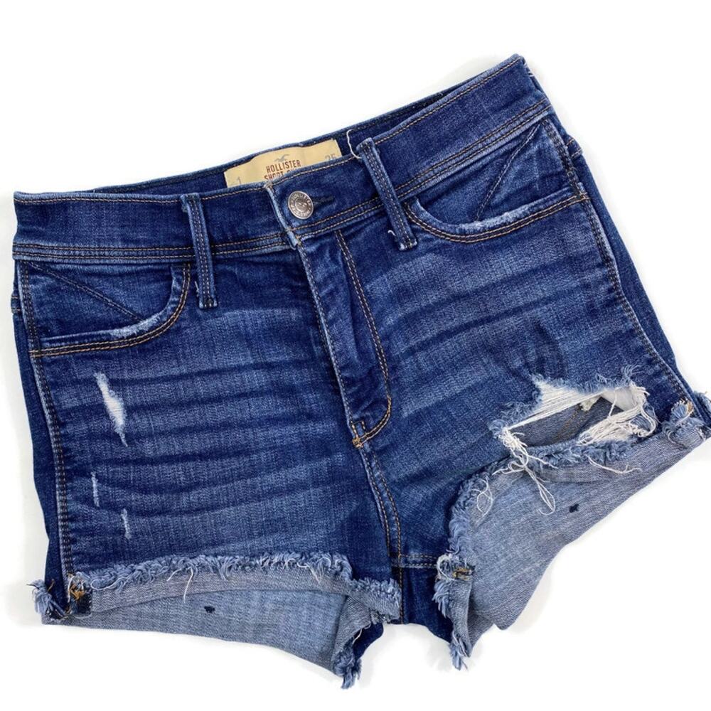 Hollister Distressed Jean Shorts Hi Rise Denim Medium Wash Womens Sz 1 / 25
